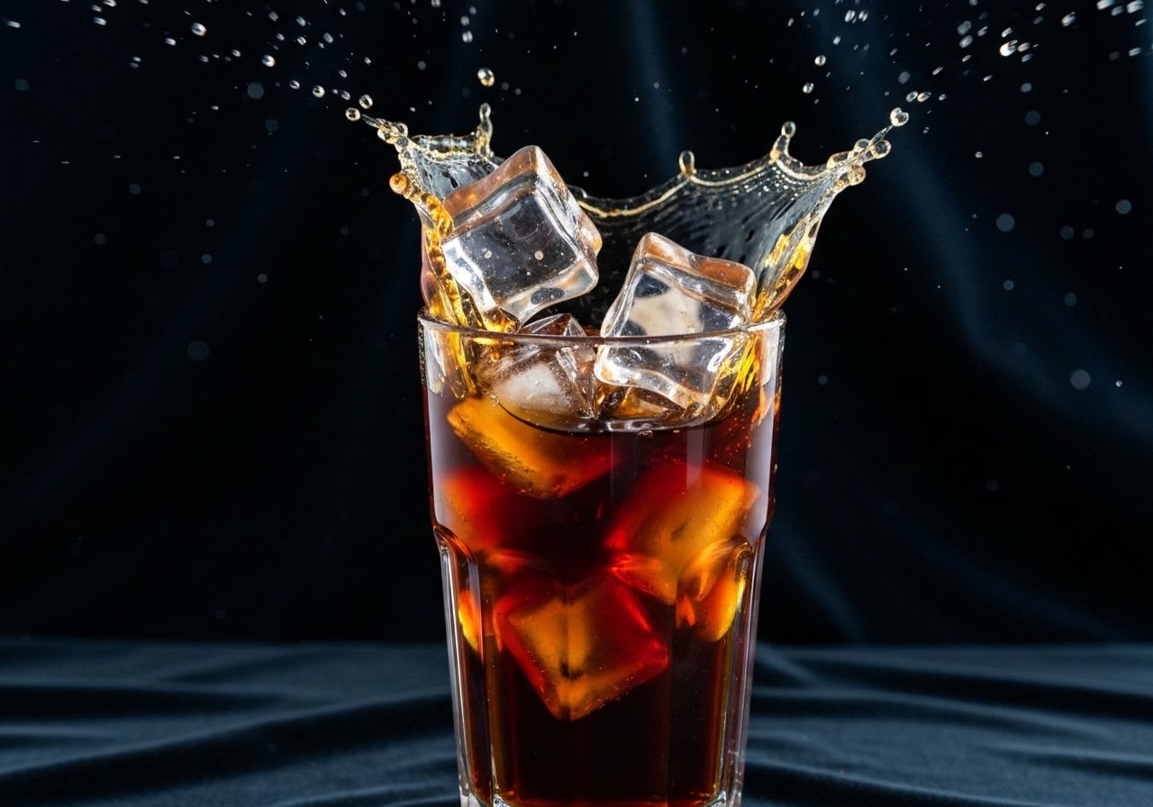 Eiswürfel tauchen in ein Glas Cold Brew Kaffee, symbolisiert einen erfrischenden Wachmacher mit viel Koffein.