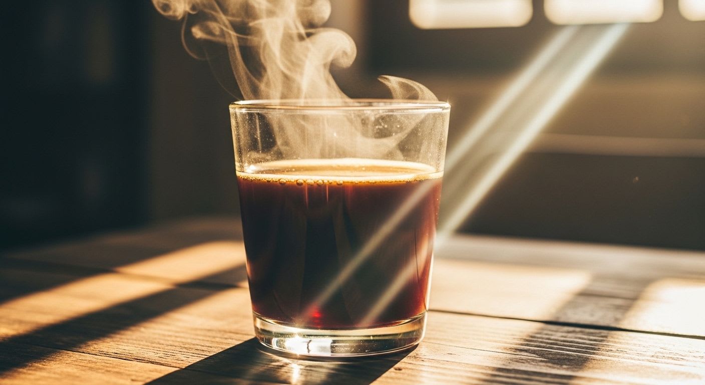Großes Glas dampfender Filterkaffee im Morgenlicht auf Holztisch, symbolisiert den perfekten Wachmacher und hohen Koffeingehalt.