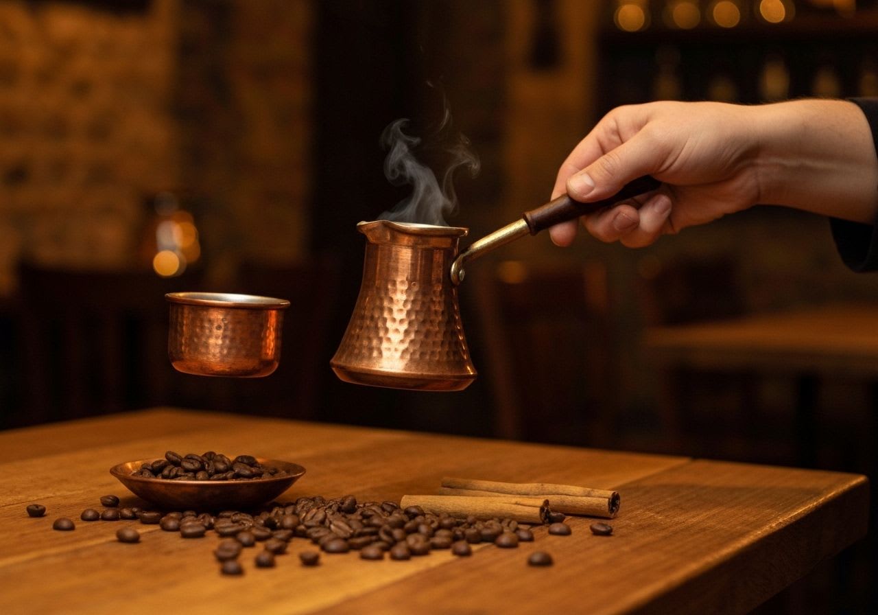 Hand gießt frisch gemahlenen Dibek Kaffee und Gewürze in eine traditionelle Cezve, bereit zum Aufkochen.