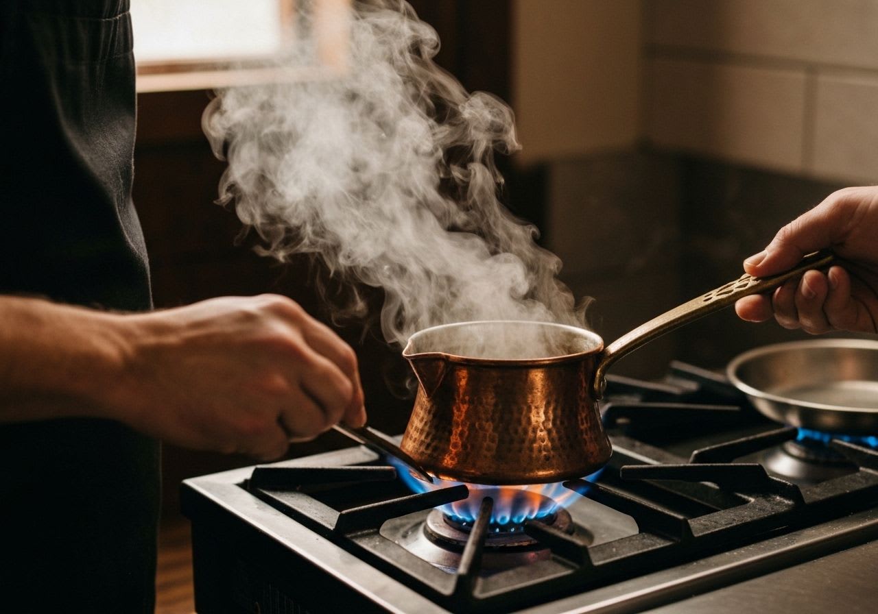 Person rührt Dibek Kaffee in einer Cezve über offenem Feuer, der Kochprozess für cremigen Genuss.