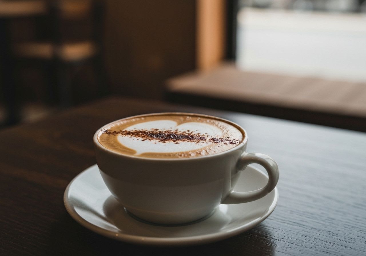 Nahaufnahme einer schaumigen Tasse Dibek Kaffee, verziert mit Zimt, auf einem Holztisch im gemütlichen Café.