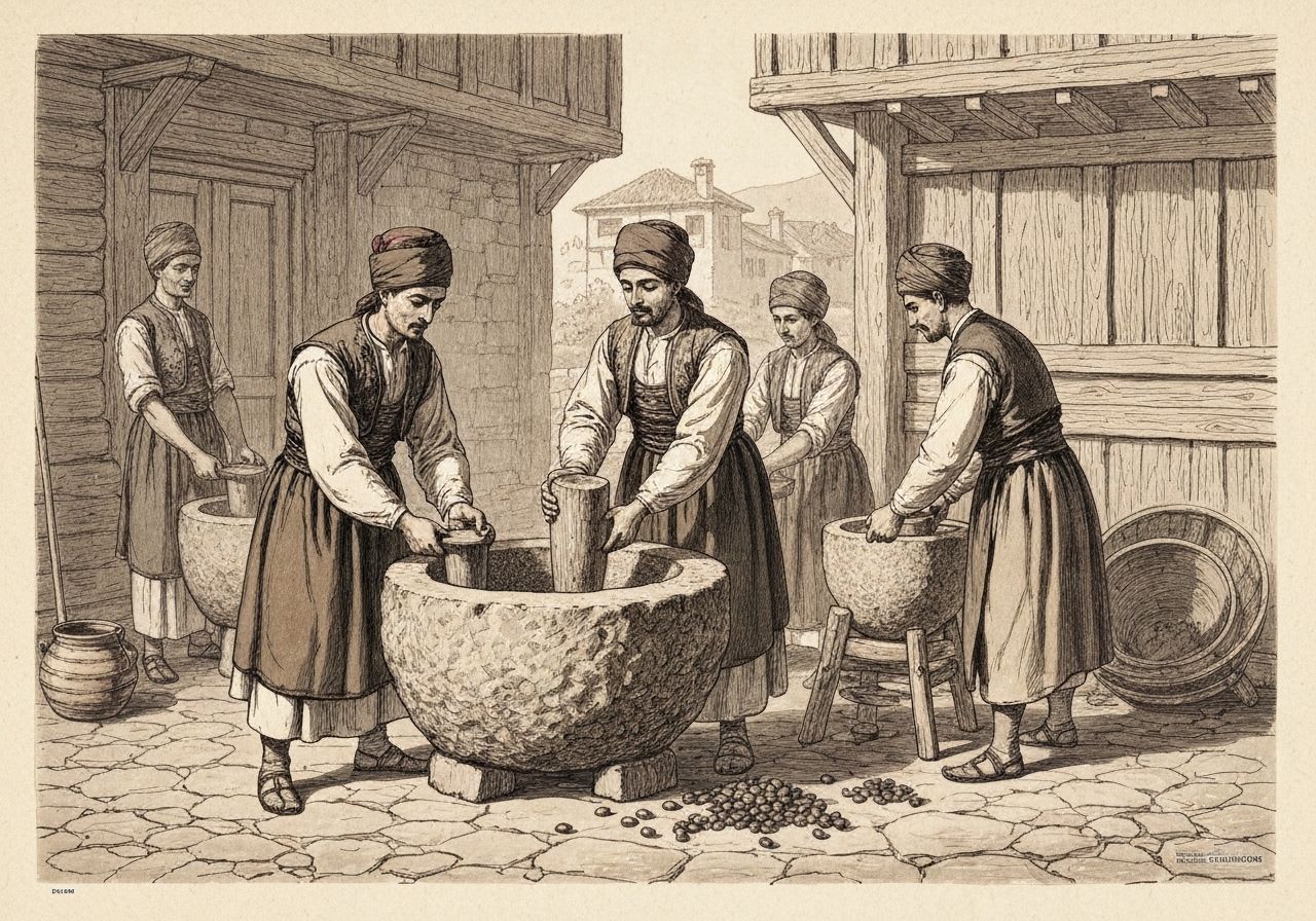 Historische Darstellung der Zubereitung von Dibek Kaffee in einem großen Steinmörser, betont die traditionelle Handarbeit.