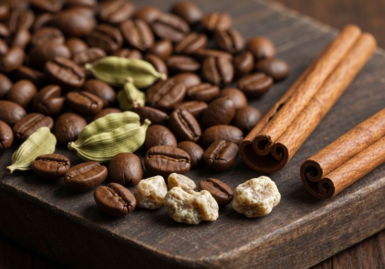 Nahaufnahme von hochwertigen Kaffeebohnen und ganzen Gewürzen wie Kardamom und Mastix für aromatischen Dibek Kaffee.