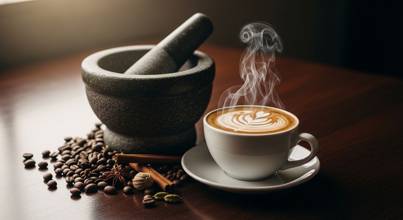 Cremiger Dibek Kaffee in einer Tasse, daneben Mörser mit Gewürzen, symbolisiert die traditionelle Zubereitung.