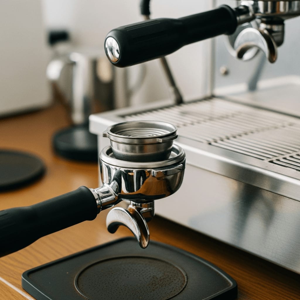 Einsetzen des Blindsiebs in den Edelstahl-Siebträger für den täglichen Wasser-Backflush der sauberen Kaffeestation.