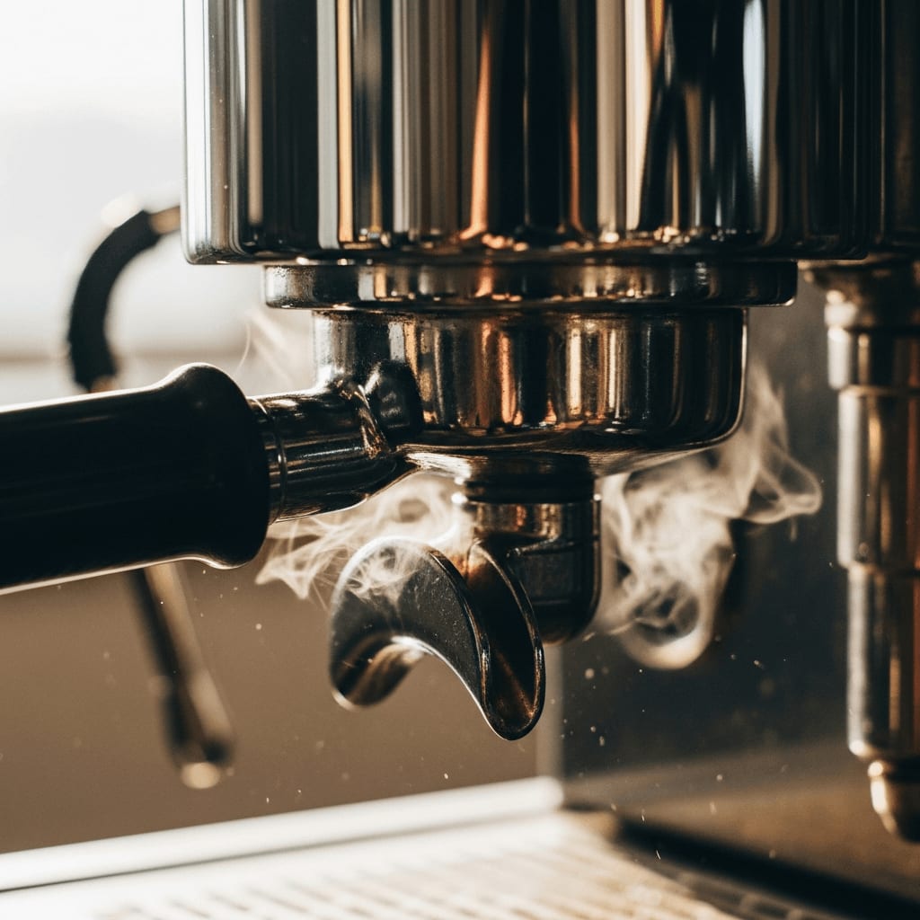 Eingespannter Siebträger in der hochglänzenden Brühgruppe der Espressomaschine während der 5-Minuten-Reinigung mit Wasser.