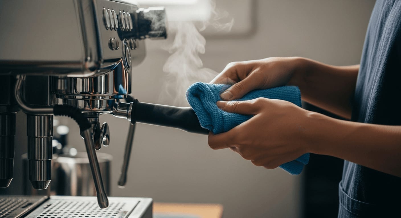 Barista wischt die Dampflanze der Maschine mit Tuch ab - der perfekte tägliche Workflow für eine saubere Kaffeestation.