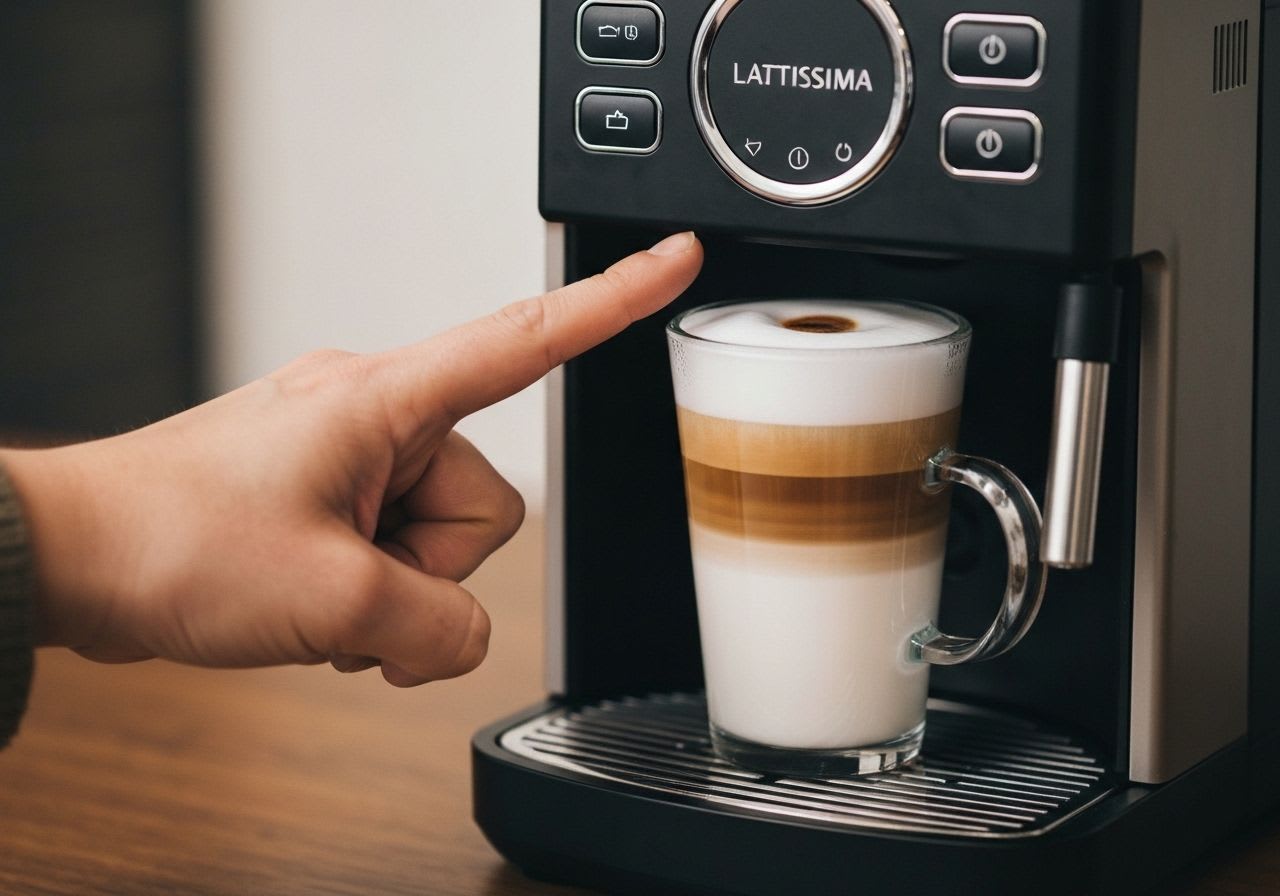 Eine Hand bedient die Nespresso Lattissima Maschine, daneben ein perfekt geschichteter Latte Macchiato in einem hohen Glas.