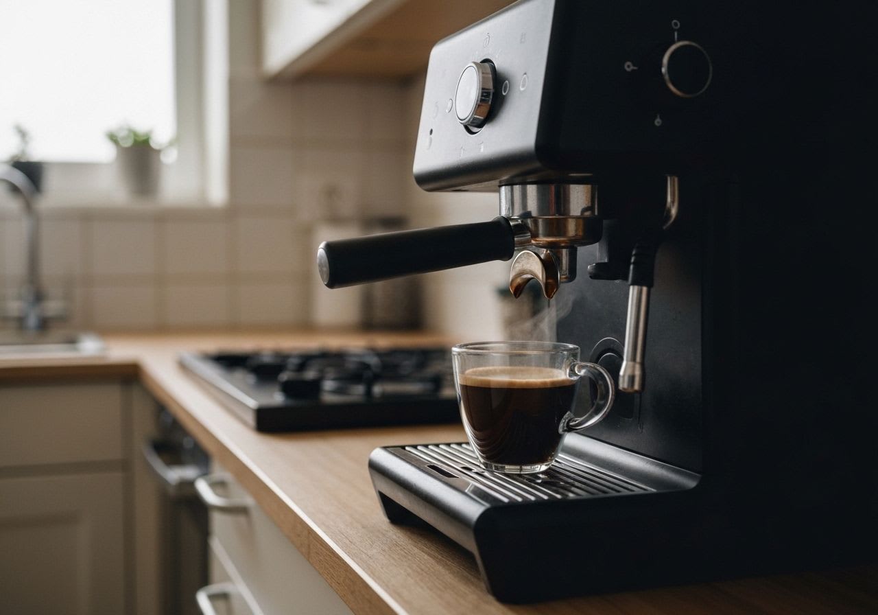 Eine minimalistische Nespresso Essenza Mini Maschine in einer modernen Küche, die einen reichen Espresso zubereitet.