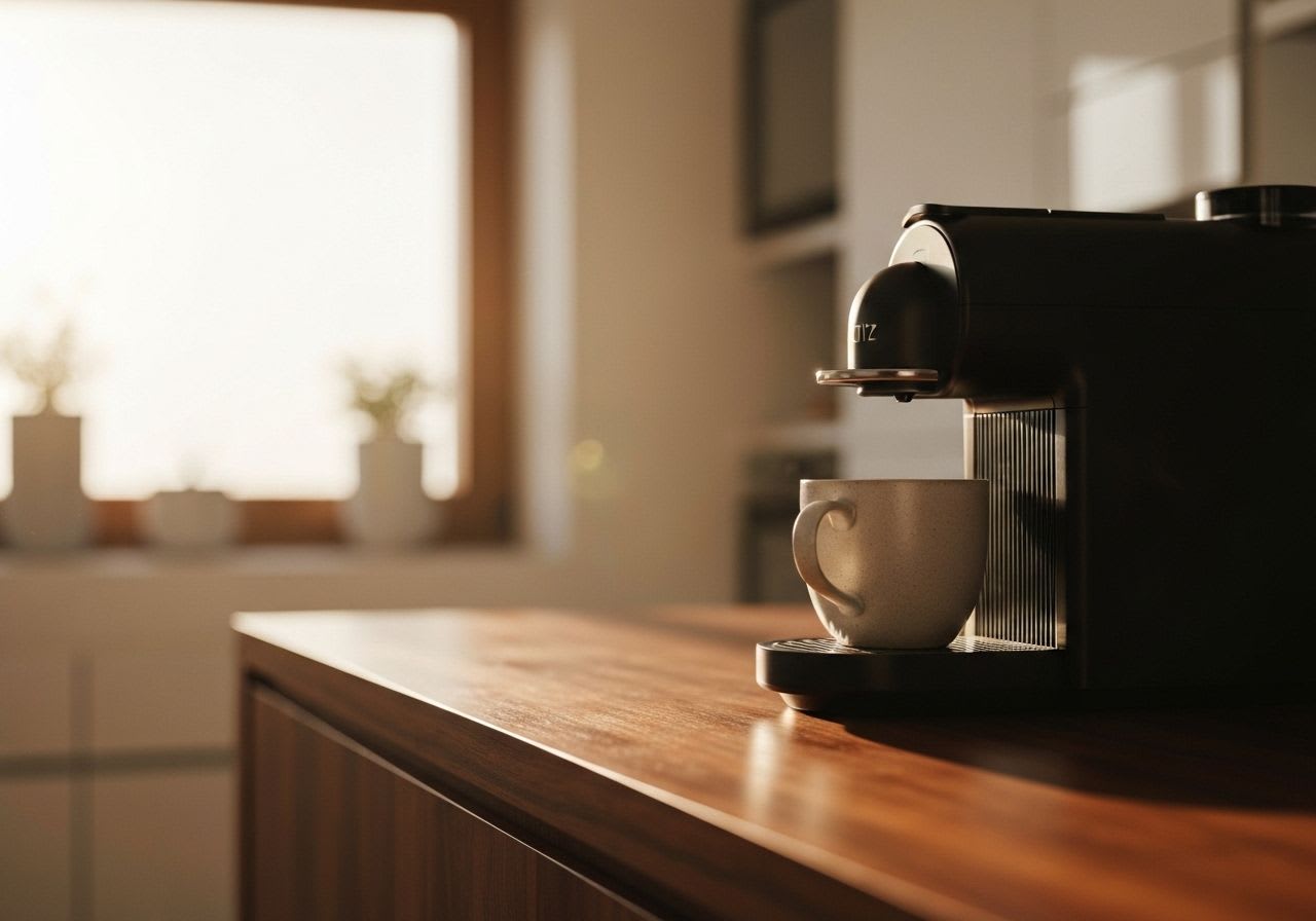 Eine elegante Nespresso CitiZ Maschine in einer minimalistischen Küche, die einen Lungo in ein modernes Glas brüht.