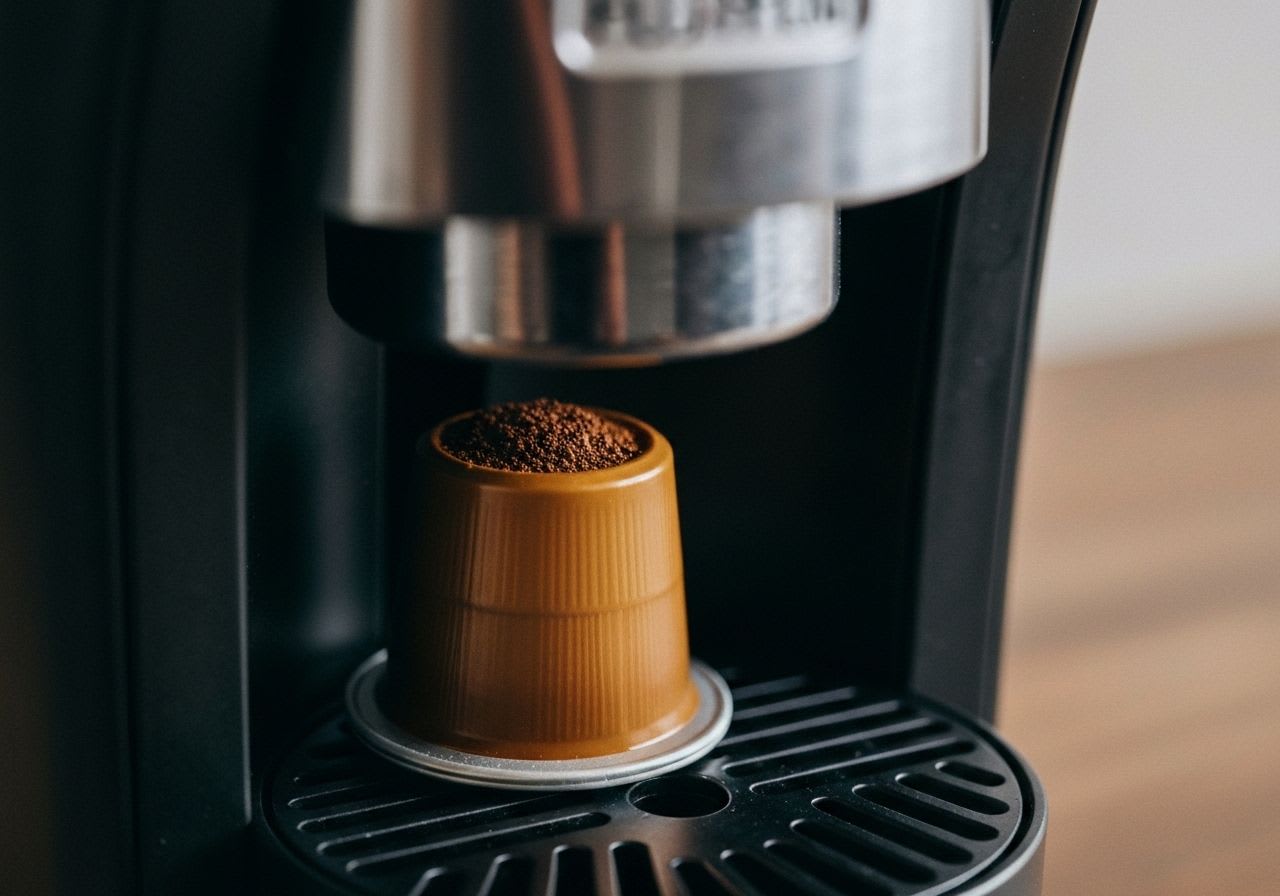 Eine Nespresso Kapsel wird in eine Kapselmaschine eingesetzt, um den optimalen Mahlgrad der Nespresso Maschine zu zeigen.