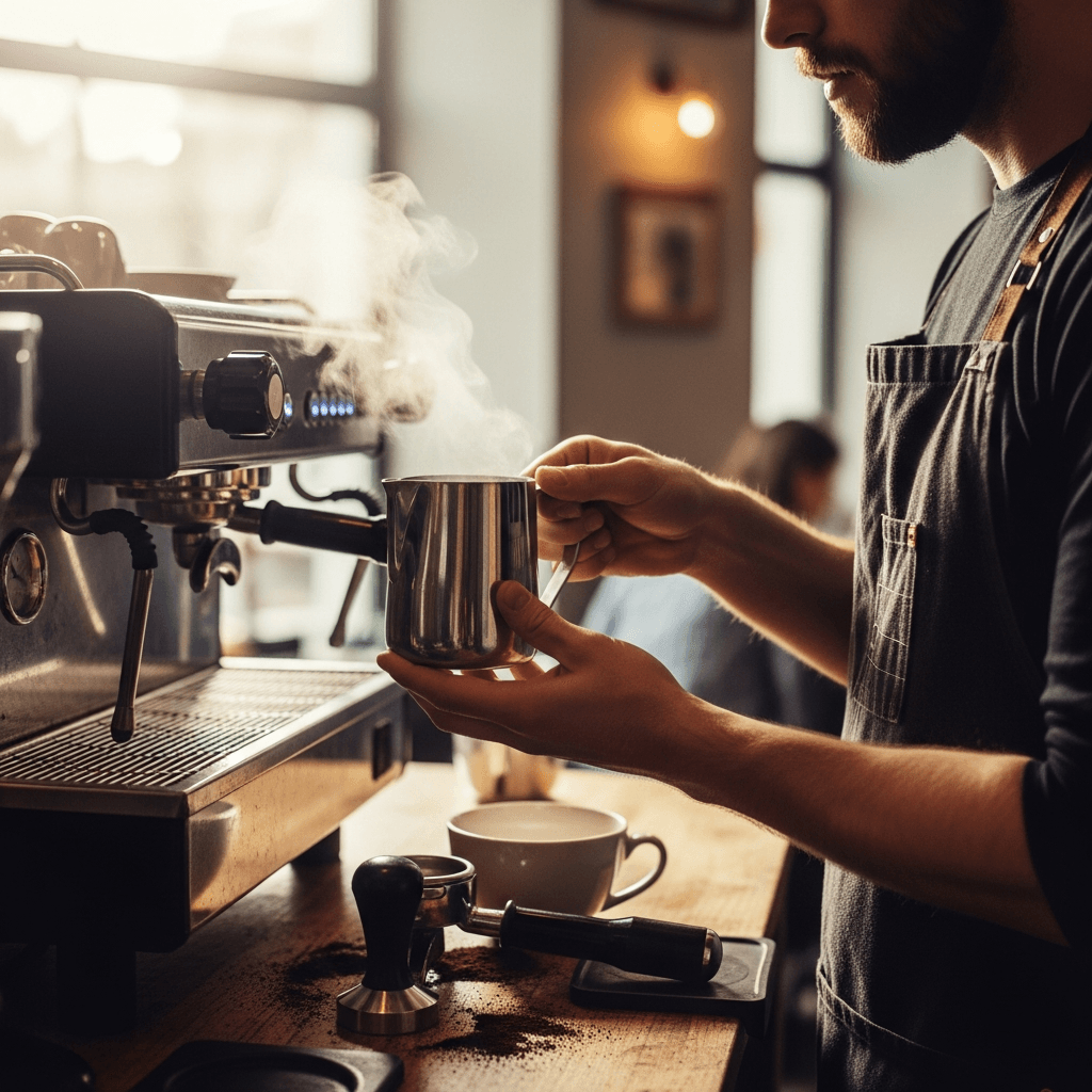 A professional barista carefully monitoring the extraction of espresso from a high-end espresso machine, focus on the pressure gauge, shallow depth of field, warm cafe atmosphere