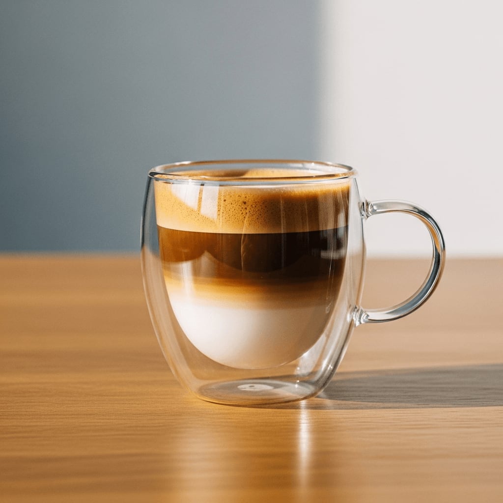 Doppelwandige Glas-Kaffeetasse, die die Schichten eines Cortado zeigt.