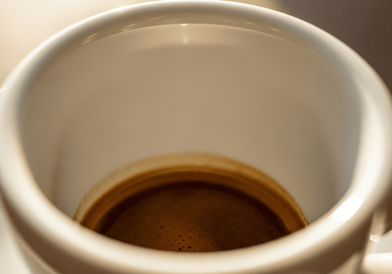Nahaufnahme einer dickwandigen Espresso-Tasse aus Porzellan, die die geschwungene Innenseite zeigt, die die Crema-Bildung unterstützt.