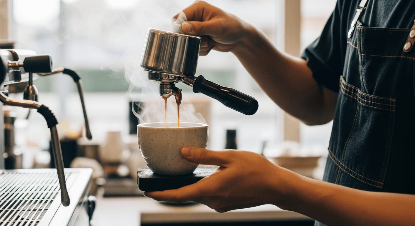 Ein Barista gießt Espresso in eine vorgewärmte Keramiktasse, Dampf steigt auf, sanfte Café-Beleuchtung.