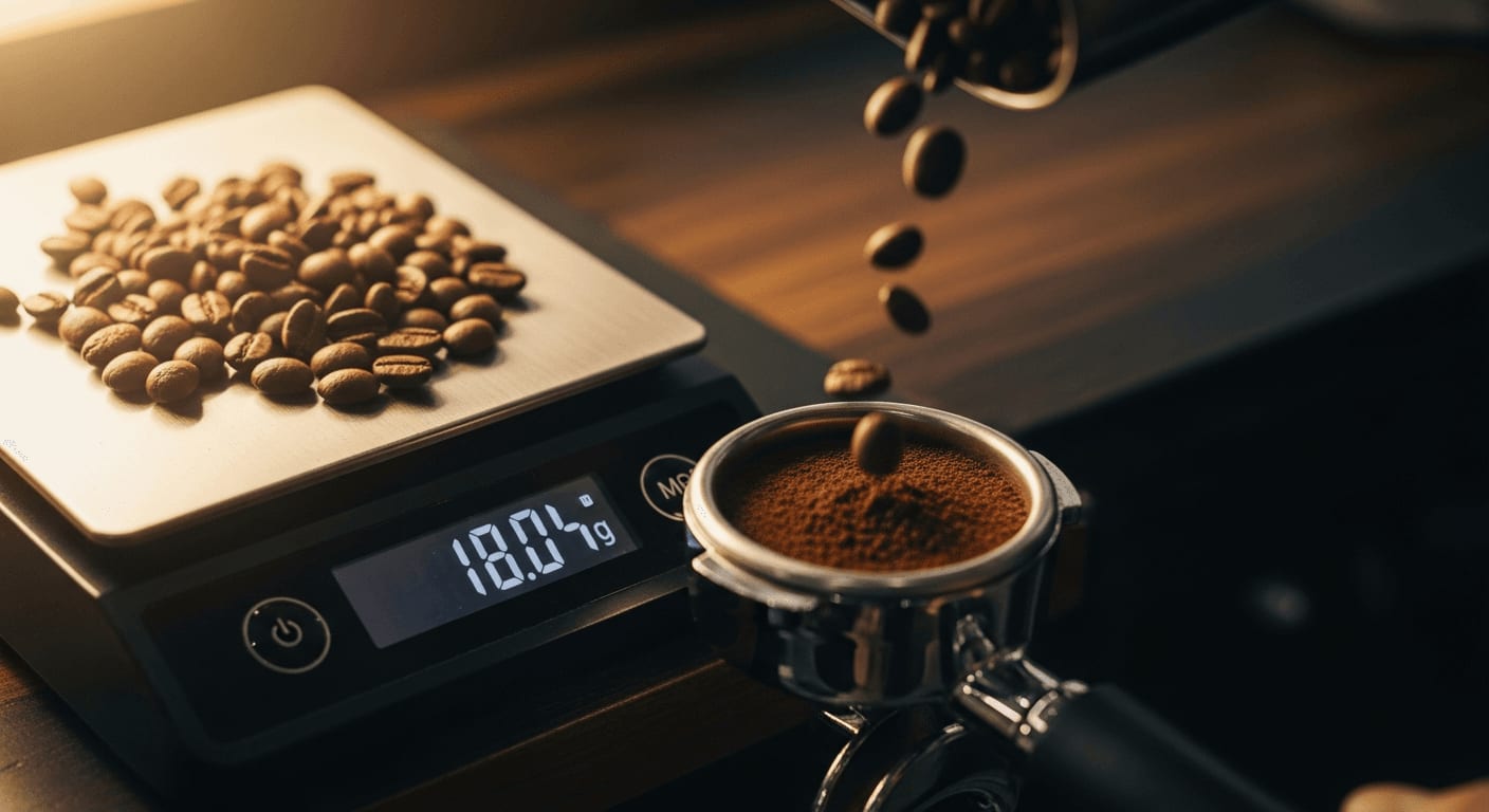 Nahaufnahme einer digitalen Waage, die Kaffeebohnen misst, die in einen Siebträger gegossen werden, warme Beleuchtung, geringe Schärfentiefe, filmisch