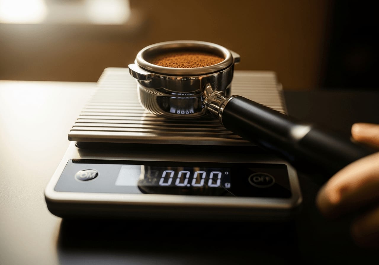 Nahaufnahme einer digitalen Waage, die das Gewicht von gemahlenem Kaffee in einem Siebträger anzeigt.