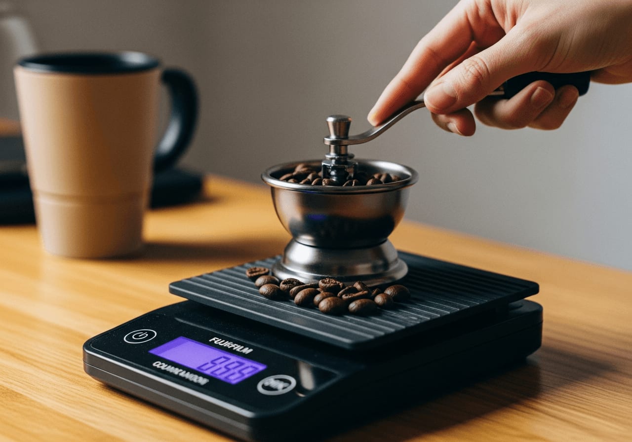 Eine digitale Waage misst das Gewicht der Kaffeebohnen vor dem Mahlen, selektiver Fokus.