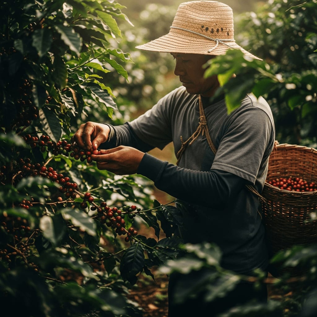 Kaffeebauer arbeitet in einer Kaffeeplantage und pflückt reife Kaffeekirschen in einen geflochtenen Korb