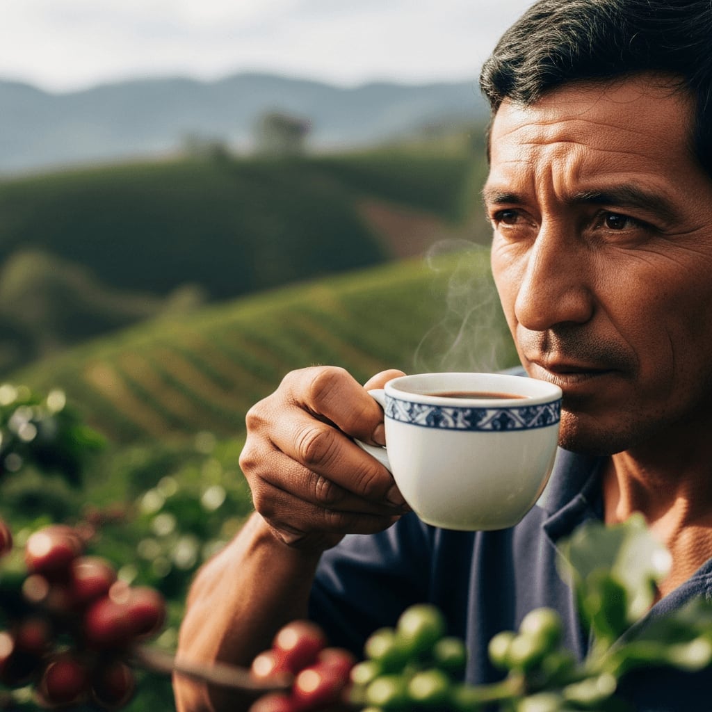 Kaffeebauer hält eine Tasse frisch gebrühten Kaffee während einer Kaffeeverkostung auf der Farm