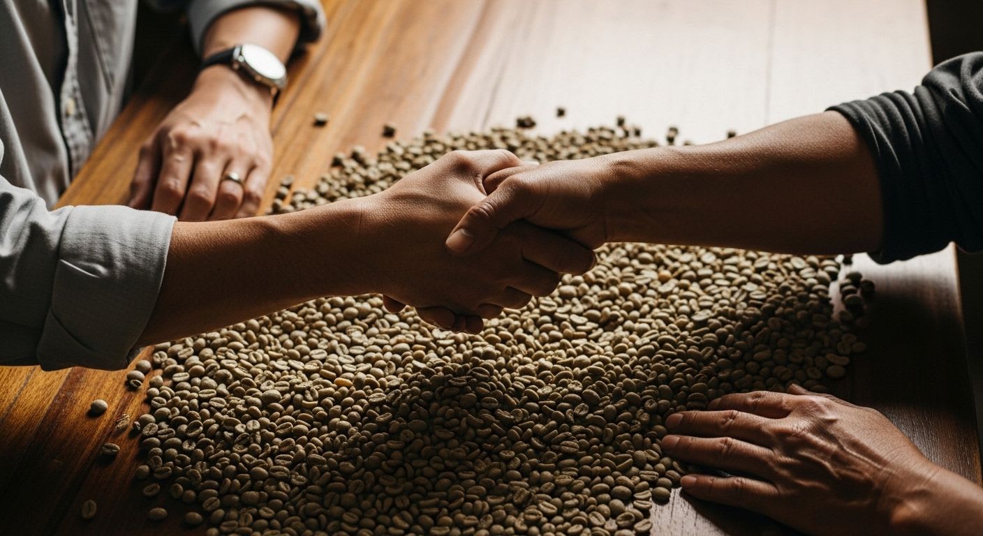 Kaffeeröster und Farmer geben sich die Hand über Kaffeebohnen, symbolisierend direkte Partnerschaft und Transparenz im Kaffeehandel.