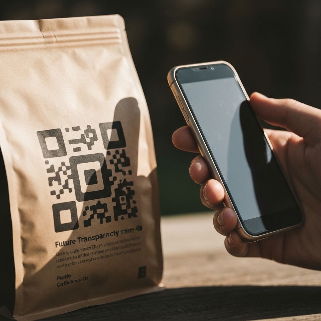 Zukunft der Kaffeetransparenz: Eine Kaffeepackung mit einem abstrakten QR-Code wird von einem Smartphone gescannt, für lückenlose Herkunft.