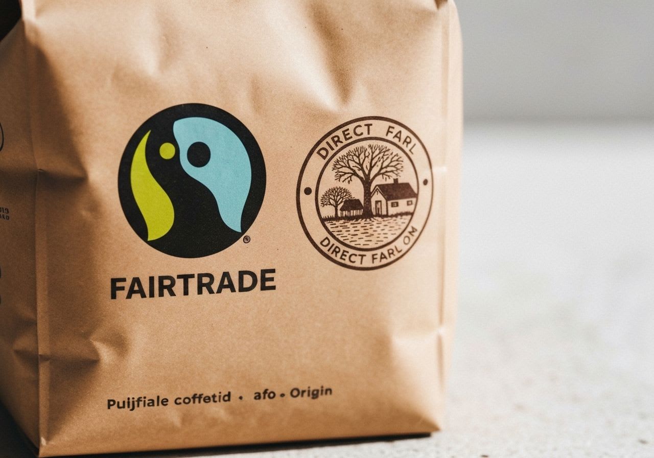 Fairtrade Kaffeebeutel mit Gütesiegel neben einer Packung Direct Trade Kaffee, die Transparenz im Kaffeehandel hervorheben.