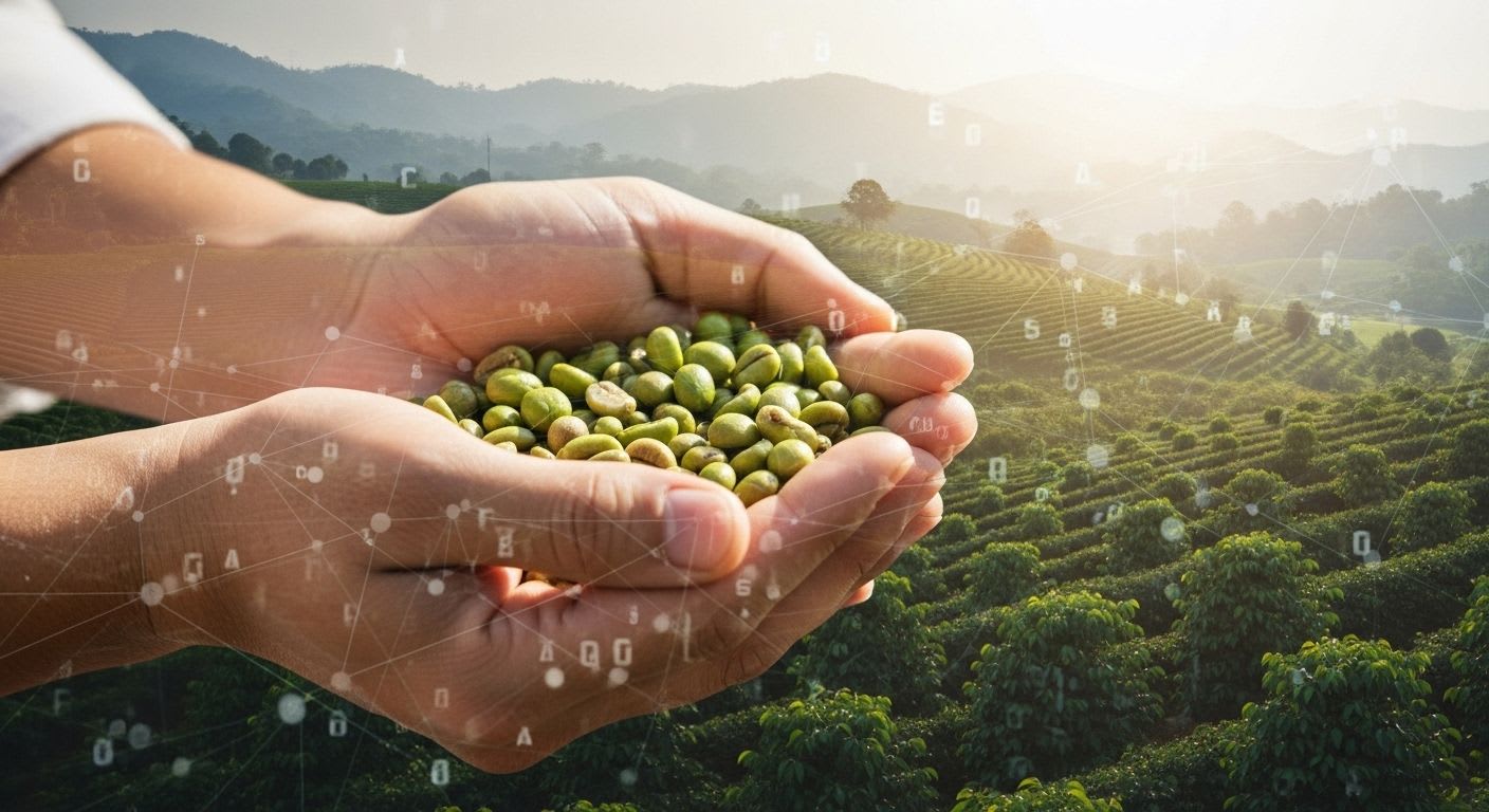 Hände eines Barista halten grüne Kaffeebohnen, symbolisierend Direct Trade, Fairtrade und die Zukunft der Transparenz im Kaffeehandel.