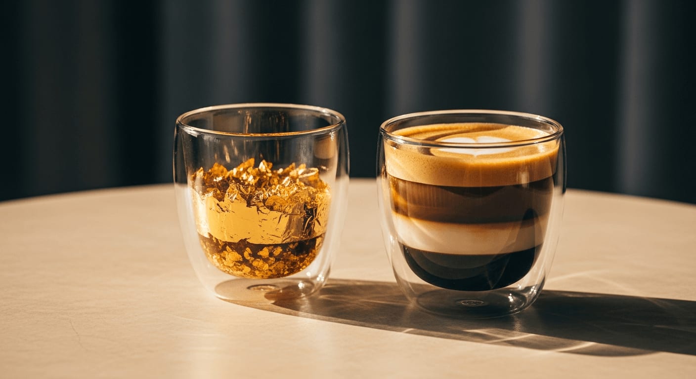 Two elegantly styled coffee glasses, showcasing the gold-flaked Dubai Coffee and the layered Barraquito, illuminated by warm ambient light, captured with a macro lens.