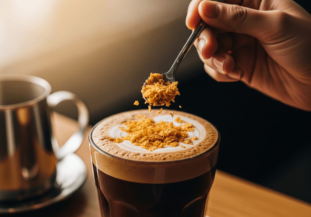 Golden flakes being delicately sprinkled onto a Dubai Coffee, a hand holding a small spoon, close-up shot, warm lighting.