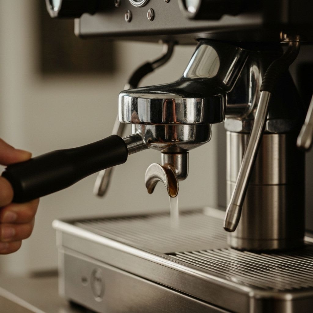 Detailansicht einer Zweikreiser Siebträgermaschine mit Dampflanze und Brühgruppe, die die gleichzeitige Zubereitung von Kaffee und Milchschaum demonstriert.