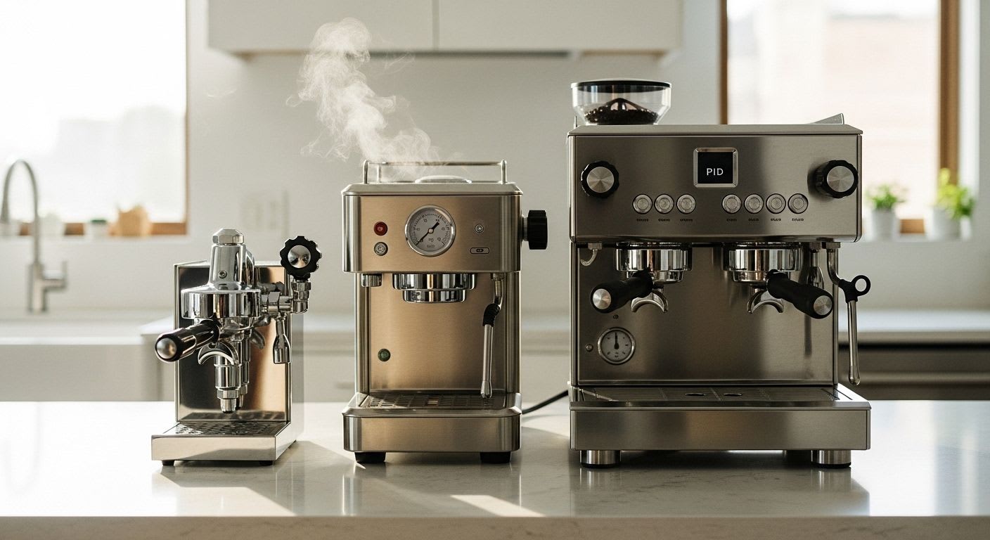 Drei verschiedene Siebträgermaschinen: Einkreiser, Zweikreiser und Dualboiler, auf einer modernen Küchenzeile, die die Typen für den Vergleich verdeutlichen.