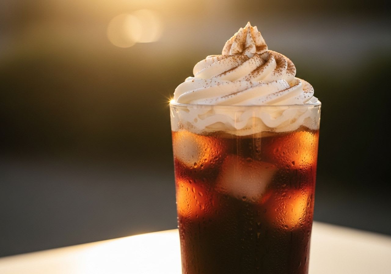 Ein Eiskaffee ohne Zucker, verfeinert mit veganer Sahne und Zimt, als köstliche Erfrischung ohne Reue.