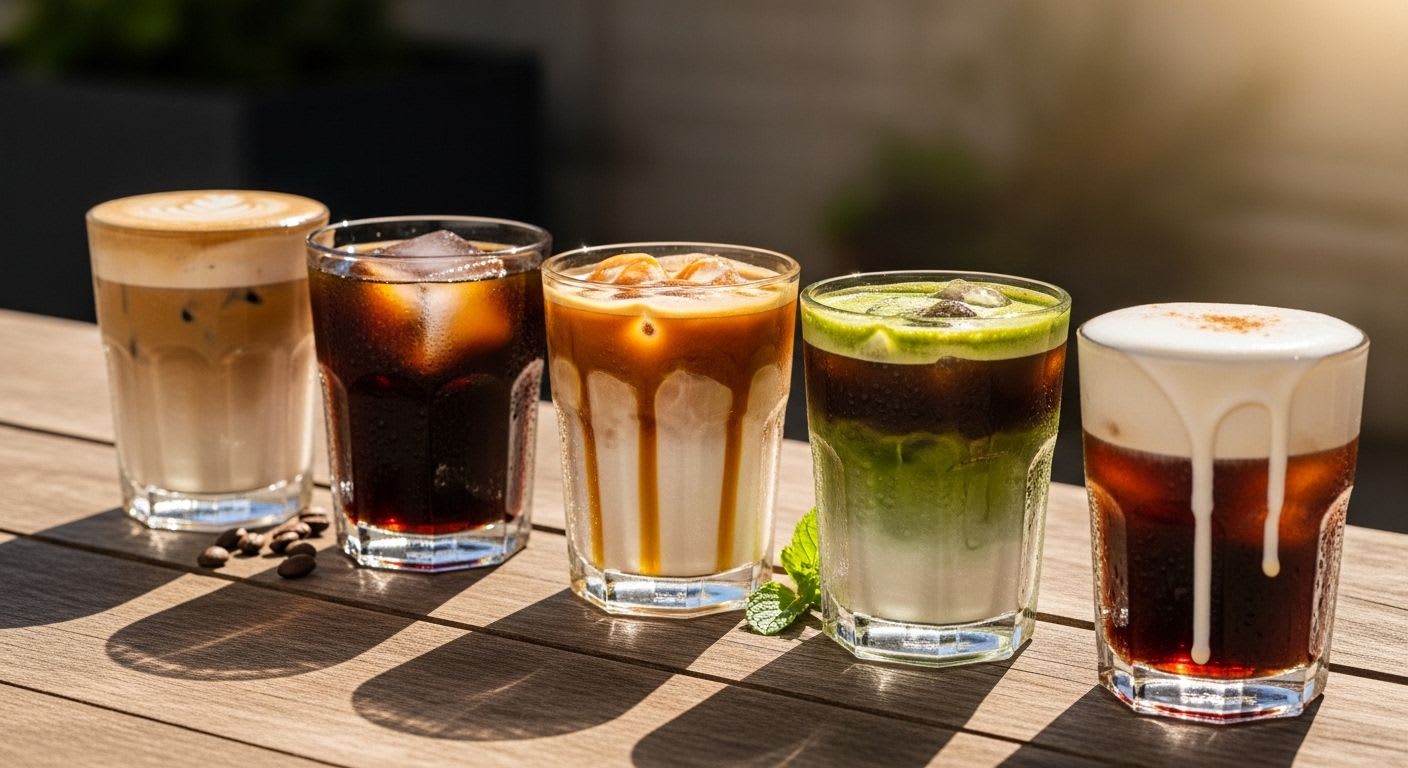 Fünf erfrischende Eiskaffee Rezepte in einer Reihe, von klassisch bis vegan, perfekt für eine Abkühlung an heißen Sommertagen.