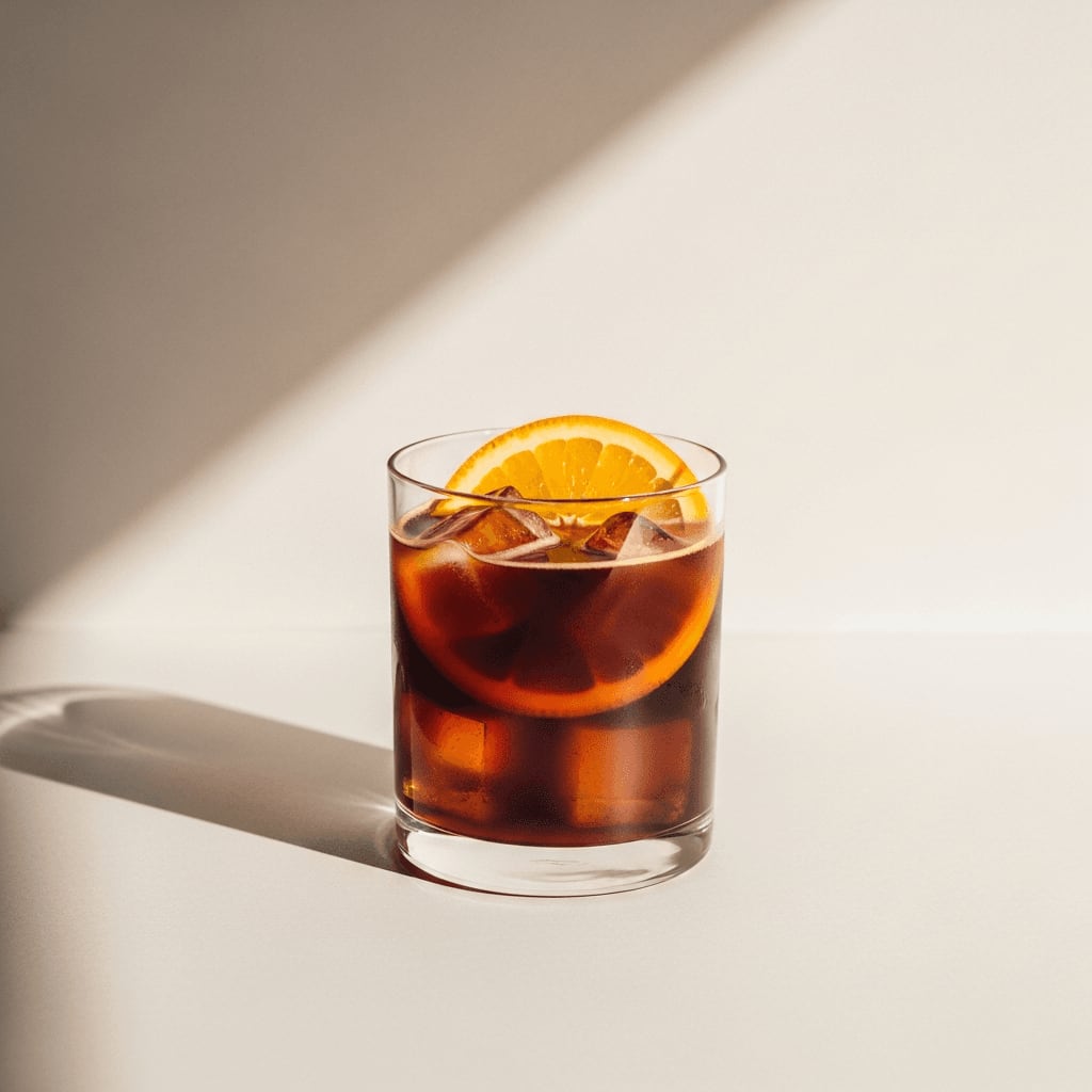 Glas Cold Brew Kaffee mit Eiswürfeln und einer Orangenscheibe, minimalistischer Hintergrund, Studiobeleuchtung