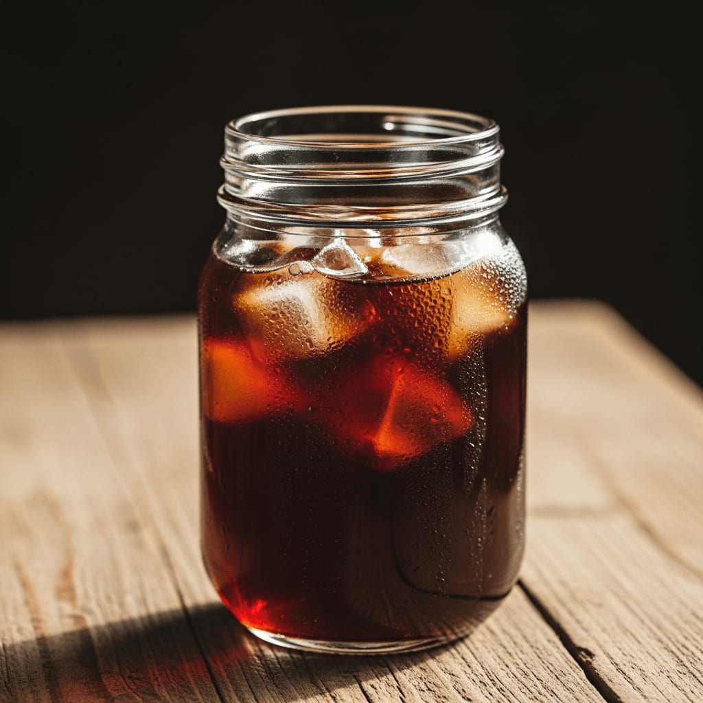 Cold Brew Kaffee in einem Einmachglas mit Eiswürfeln, rustikaler Holzhintergrund, natürliches Licht