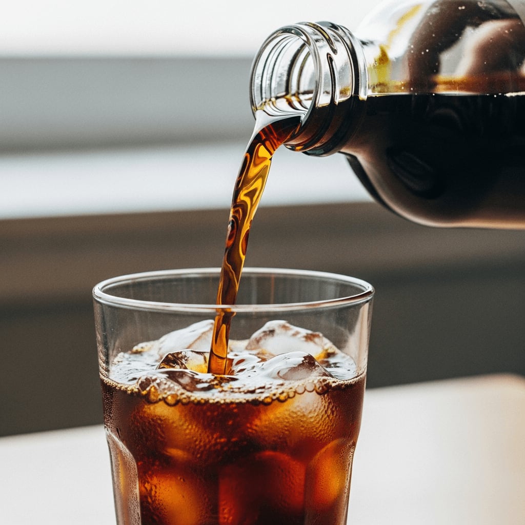 Nahaufnahme von Cold Brew Kaffee, der aus einer Glasflasche in ein Glas mit Eis gegossen wird, Kondensation auf dem Glas, dunkler Hintergrund