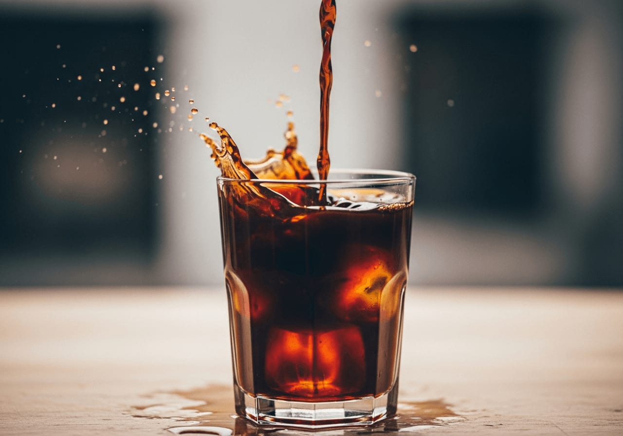 Nahaufnahme einer Hand, die starken Kaffee über Eiswürfel in ein Glas gießt, Spritzer, verschwommener Hintergrund, natürliches Licht