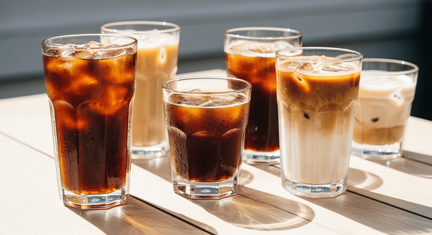 Verschiedene Eiskaffee-Getränke auf einem hellen Tisch, darunter klassischer Eiskaffee, Cold Brew und veganer Eiskaffee, sommerliche Stimmung