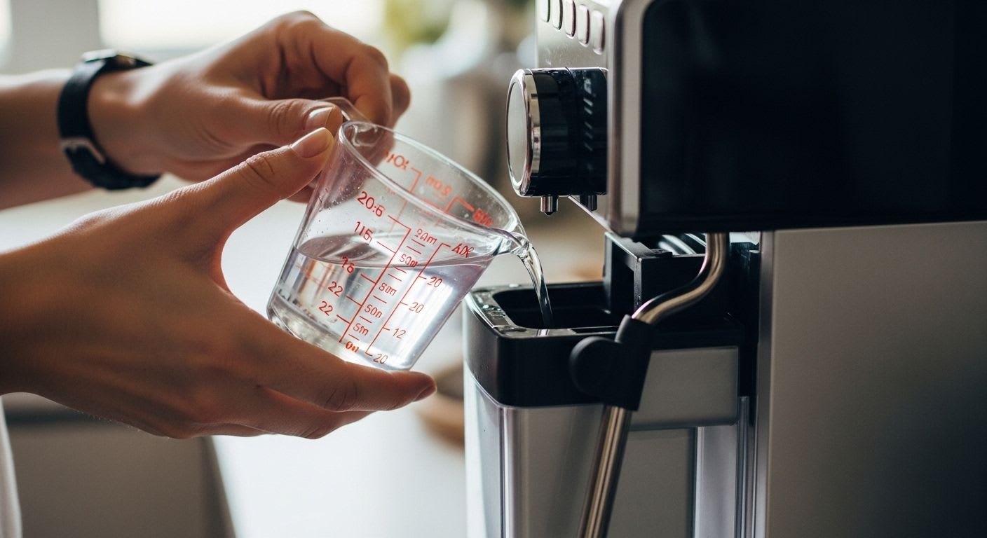 Eine Person gießt Entkalkerlösung in den Wassertank, um den Kaffeevollautomaten zu entkalken, eine wichtige Anleitung.