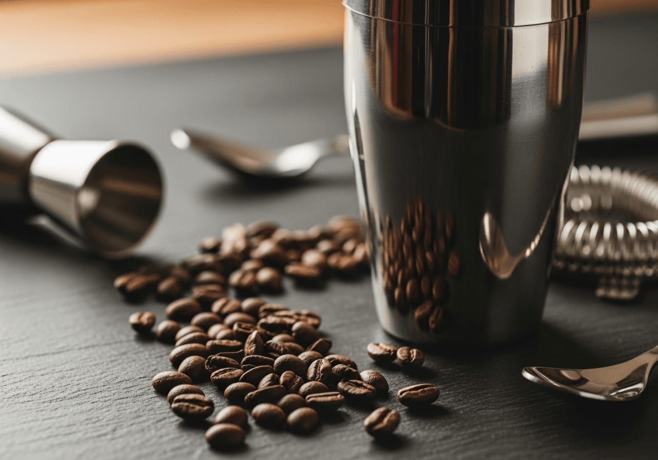 Nahaufnahme von Barwerkzeugen und Espressbohnen auf dunkler Oberfläche, Fokus auf dem Shaker
