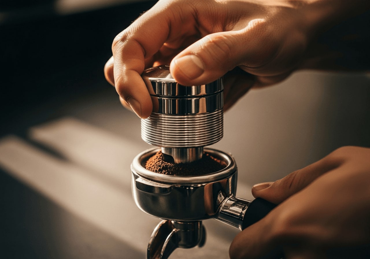 Espresso Puck Prep mit einem Metall-Distributor, der das Kaffeemehl im Siebträger gleichmäßig verteilt und ebnet