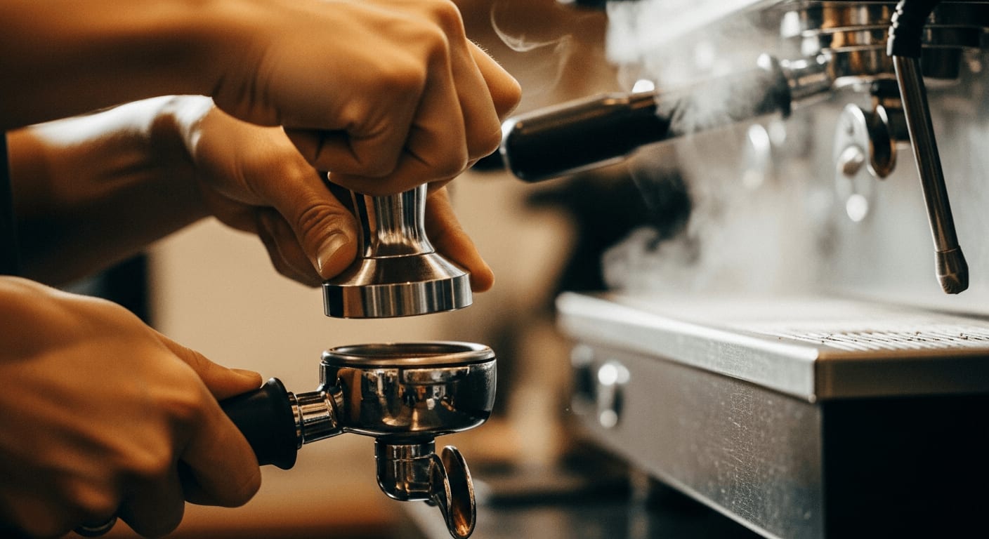 Barista führt die Espresso Puck Prep durch und tampt das Kaffeemehl im Siebträger für eine optimale Espresso-Extraktion ohne Channeling