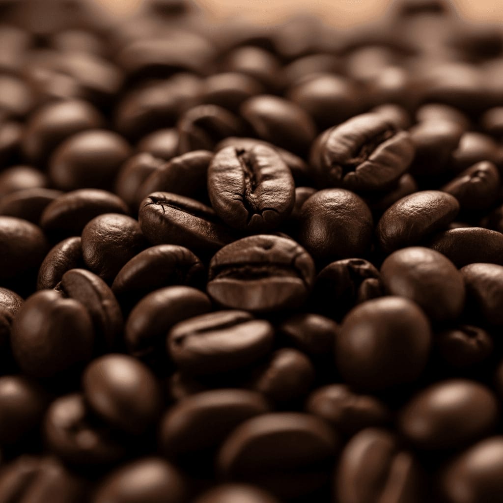 Brühverhältnis für dunkle Röstungen: Ölig glänzende, sehr dunkel geröstete Kaffeebohnen in einer extremen Nahaufnahme.
