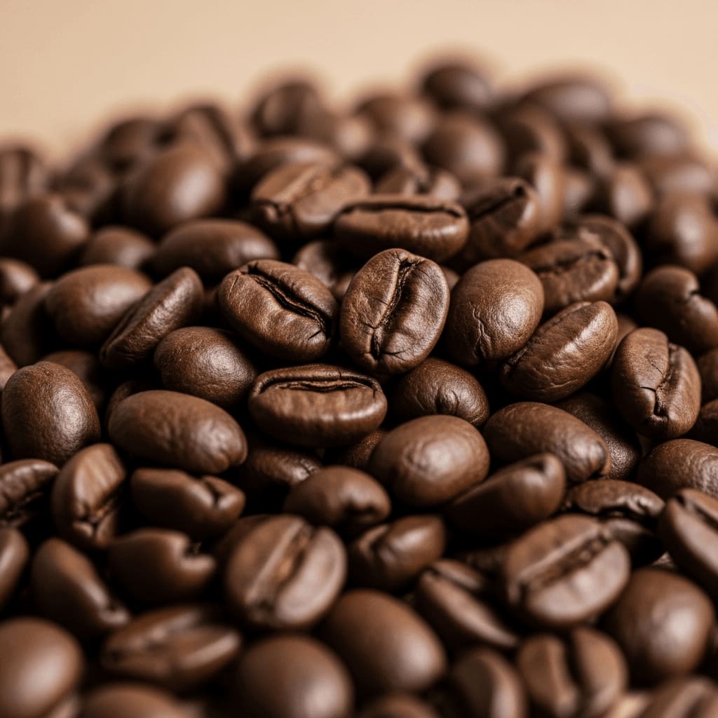 Mittlere Röstung im Espresso Ratio Guide: Gleichmäßig mittelbraun geröstete Kaffeebohnen mit glatter, matter Oberfläche.