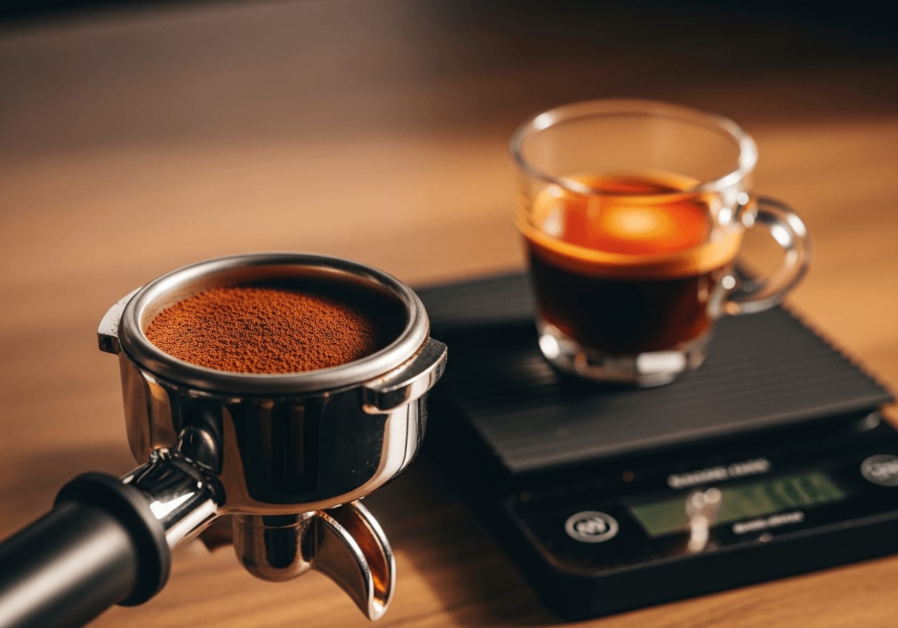 Espresso Ratio Guide: Kaffeemehl im Siebträger neben einem perfekt extrahierten Espresso im Glas auf einer digitalen Waage.