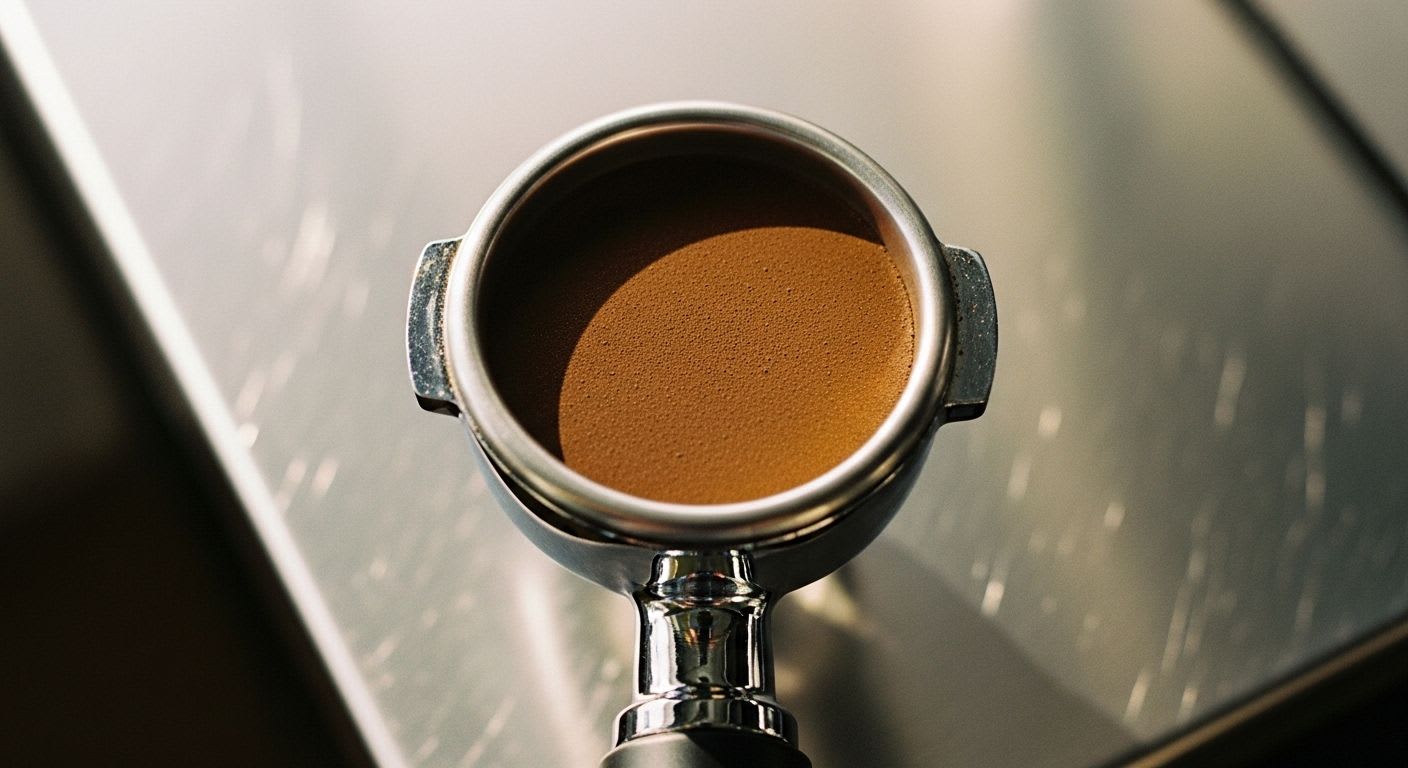 Ein perfekt vorbereiteter Kaffeepuck im Siebträger, das Ergebnis wenn man Espresso richtig tampert für einen vollmundigen Geschmack.