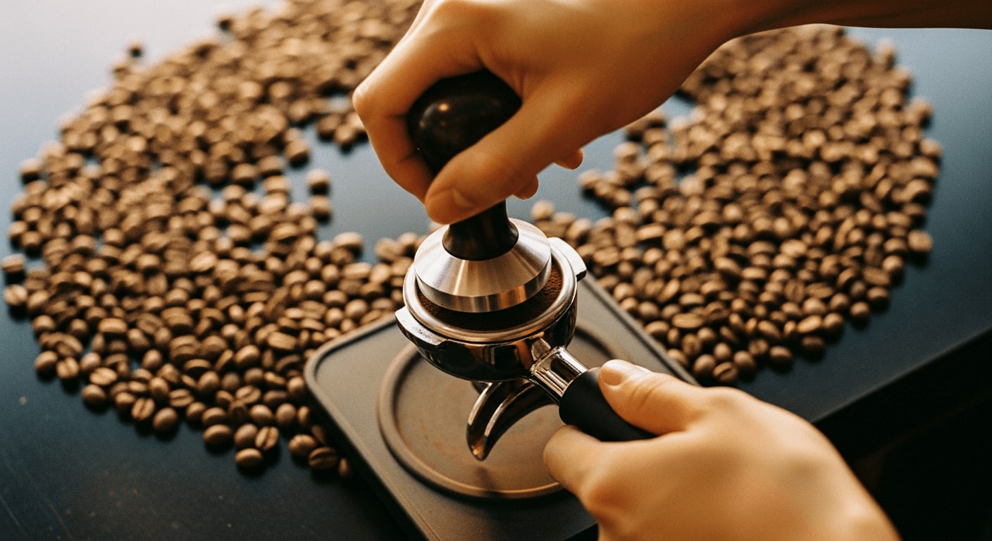 Aufsicht auf einen Barista, der Espressopulver mit einem Tamper presst, weicher Fokus auf die umliegenden Kaffeebohnen
