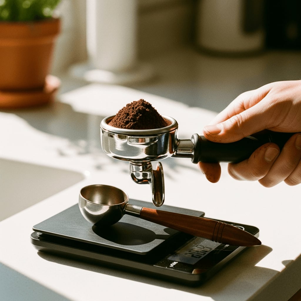 Nahaufnahme einer Hand, die einen Siebträger mit gemahlenem Kaffee füllt und eine Kaffeewaage verwendet, um die Dosis zu messen