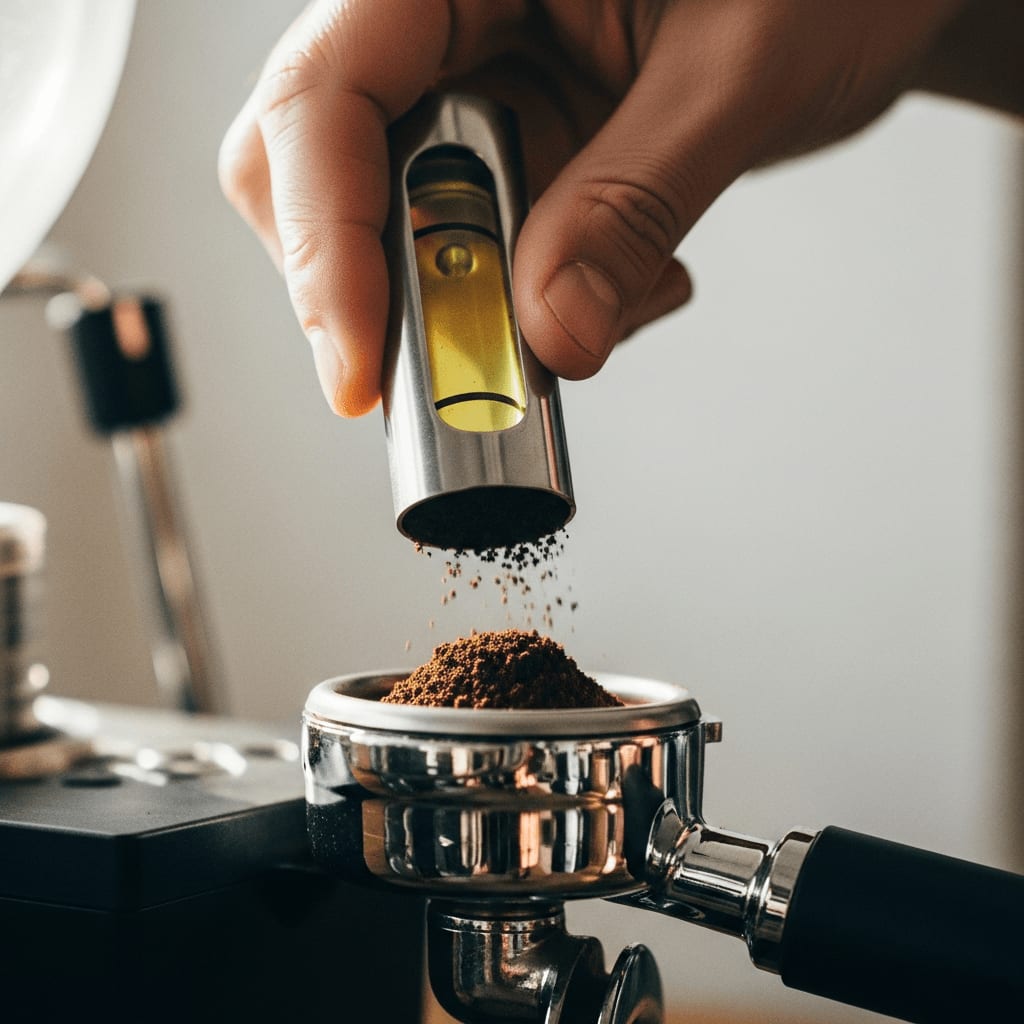 Nahaufnahme einer Hand, die Kaffeepulver mit einem Nivellierwerkzeug gleichmäßig in einem Siebträger verteilt